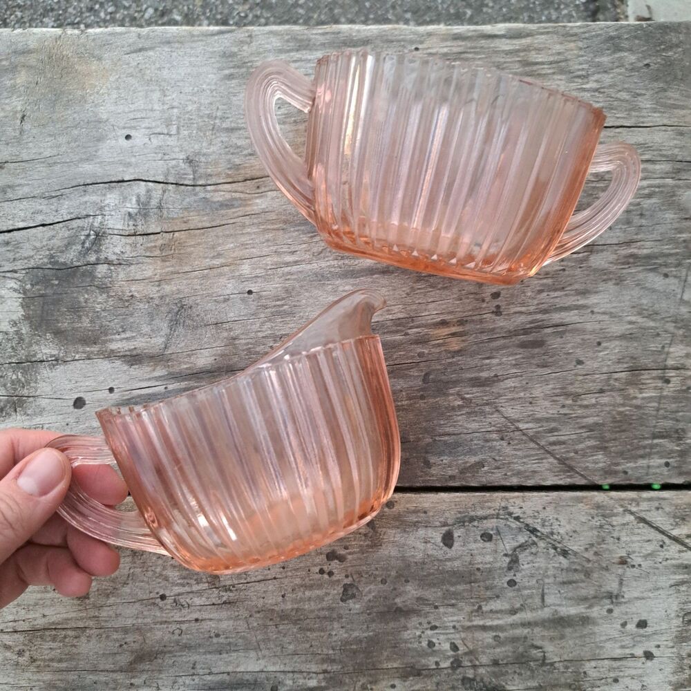 Vintage 2pc Pink Anchor Hocking Depression Glass Creamer Sugar Creamer Set Of 2